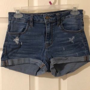 Distressed denim shorts